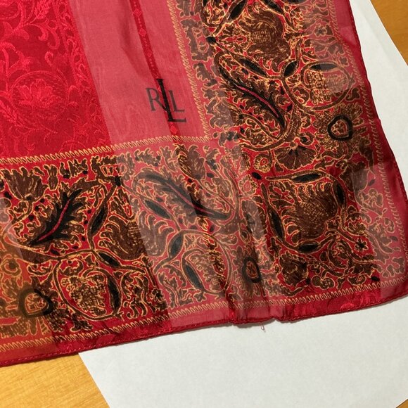 Lauren Ralph Lauren 100% Silk Red & Gold Floral Leaf Scarf Wrap - Picture 6 of 7